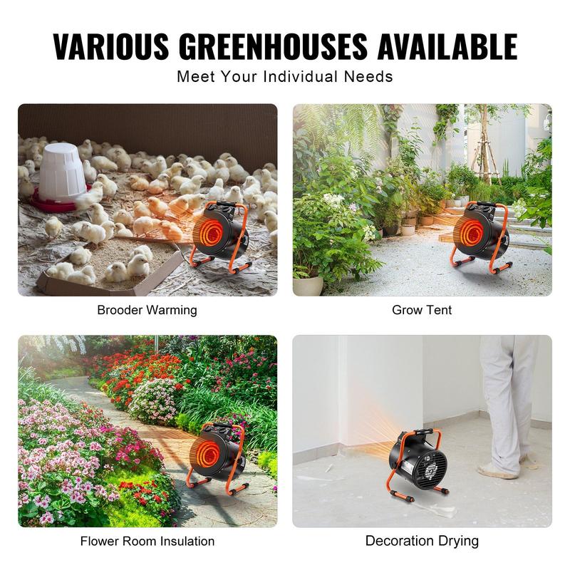 1500W Portable Electric Heater Fan for Greenhouse Fast Heating Overheat Protection 2-Speed Setting IP24 Waterproof