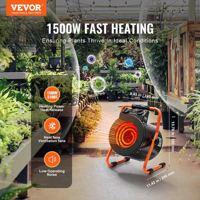 1500W Portable Electric Heater Fan for Greenhouse Fast Heating Overheat Protection 2-Speed Setting IP24 Waterproof
